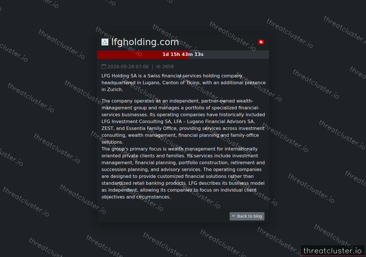 Leak-site post naming lfgholding.com, captured by ThreatCluster