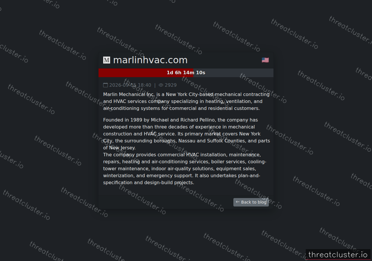 Leak-site post naming marlinhvac.com, captured by ThreatCluster