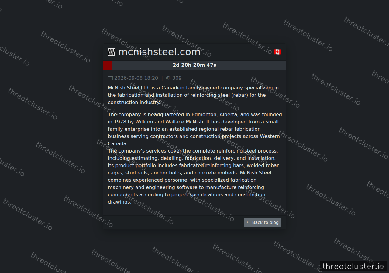 Leak-site post naming mcnishsteel.com, captured by ThreatCluster