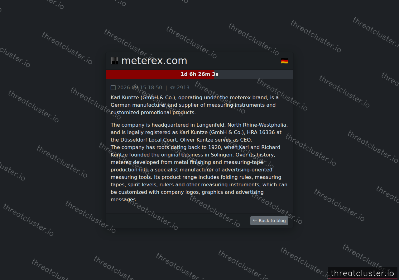 Leak-site post naming meterex.com, captured by ThreatCluster