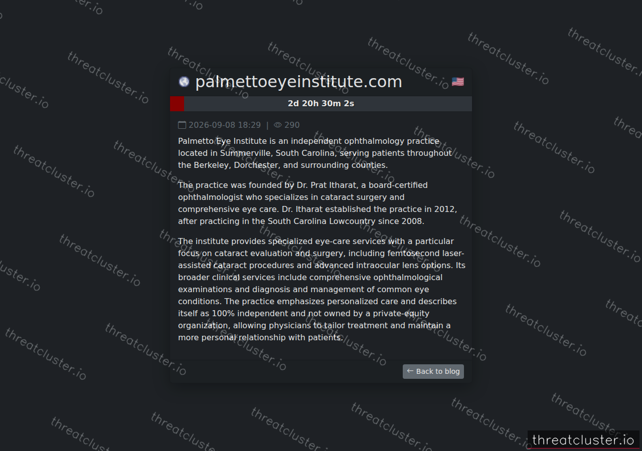 Leak-site post naming palmettoeyeinstitute.com, captured by ThreatCluster