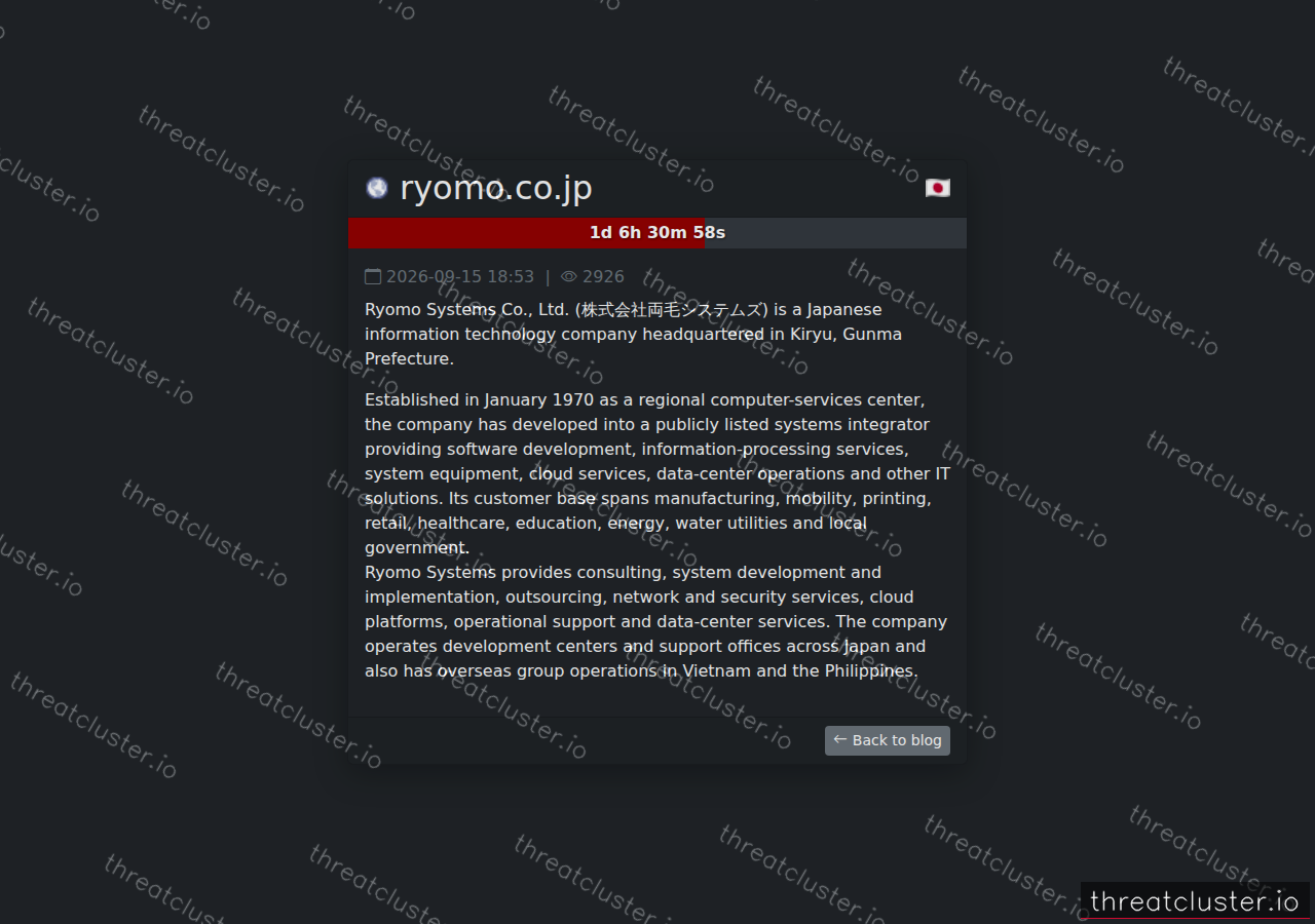 Leak-site post naming ryomo.co.jp, captured by ThreatCluster