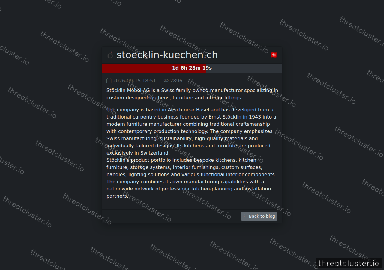 Leak-site post naming stoecklin-kuechen.ch, captured by ThreatCluster