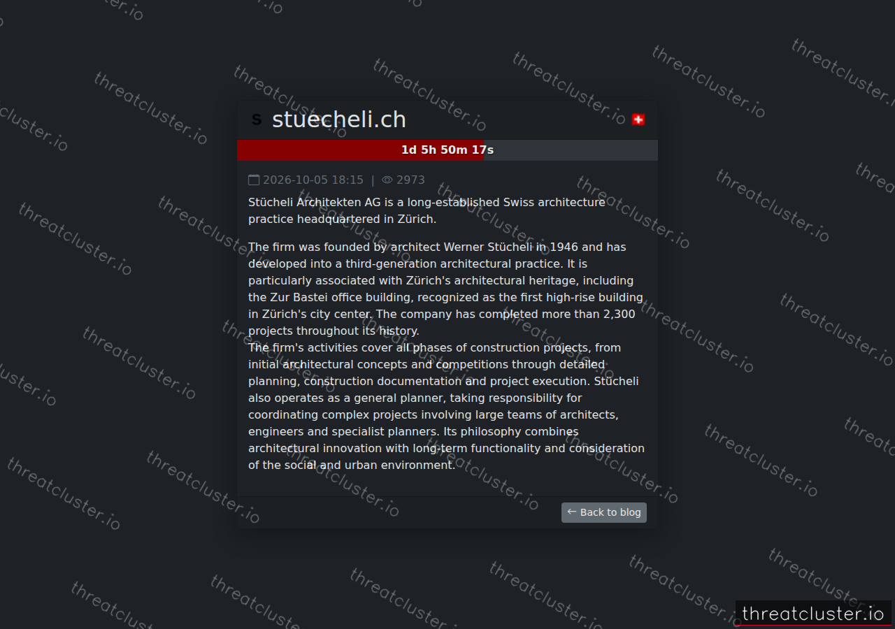 Leak-site post naming stuecheli.ch, captured by ThreatCluster