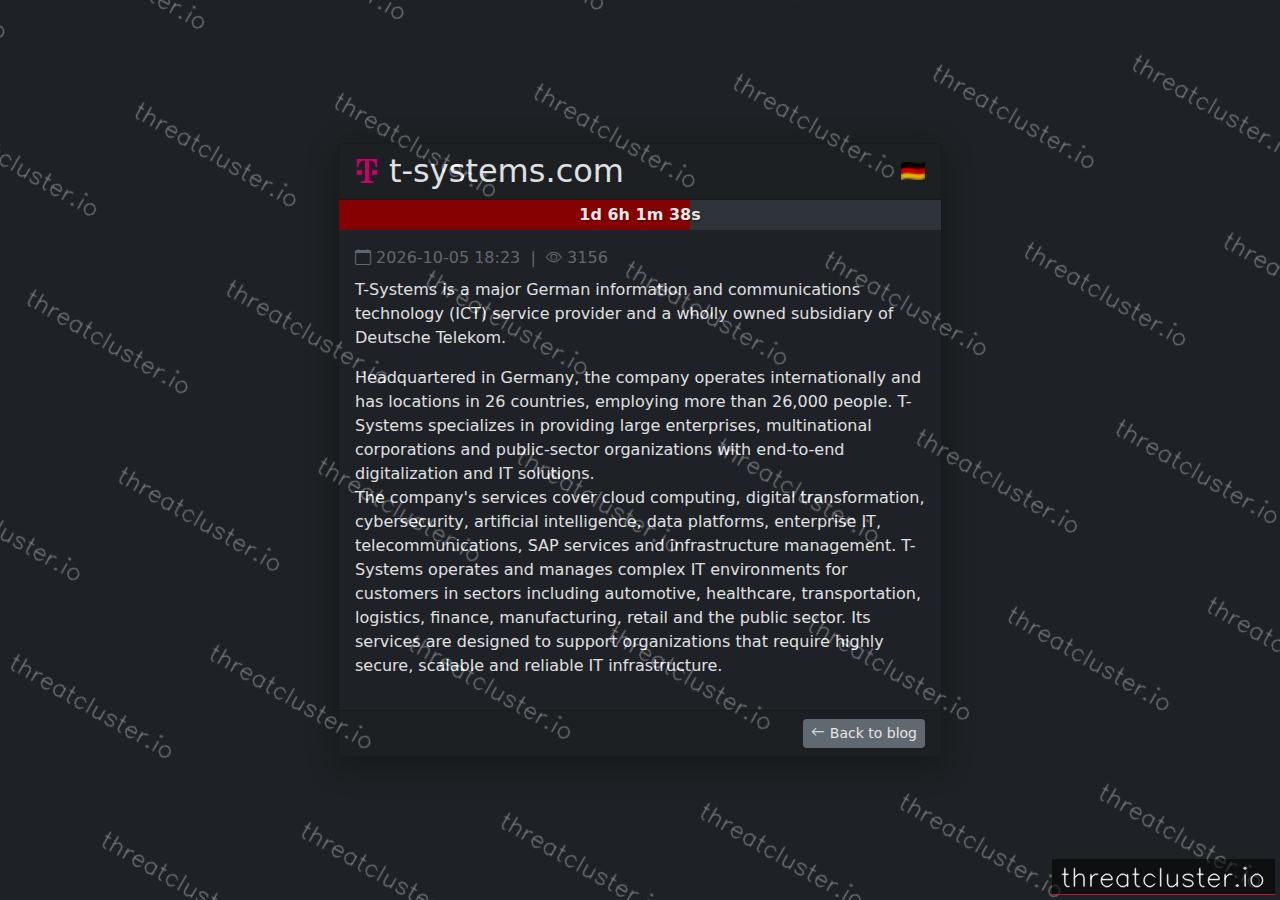 Leak-site post naming t-systems.com, captured by ThreatCluster