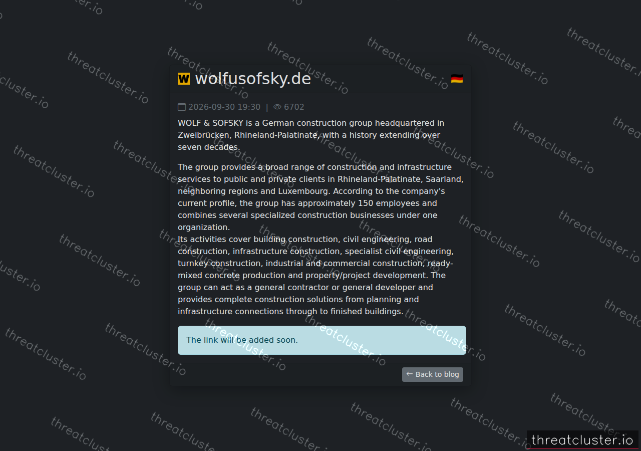 Leak-site post naming wolfusofsky.de, captured by ThreatCluster