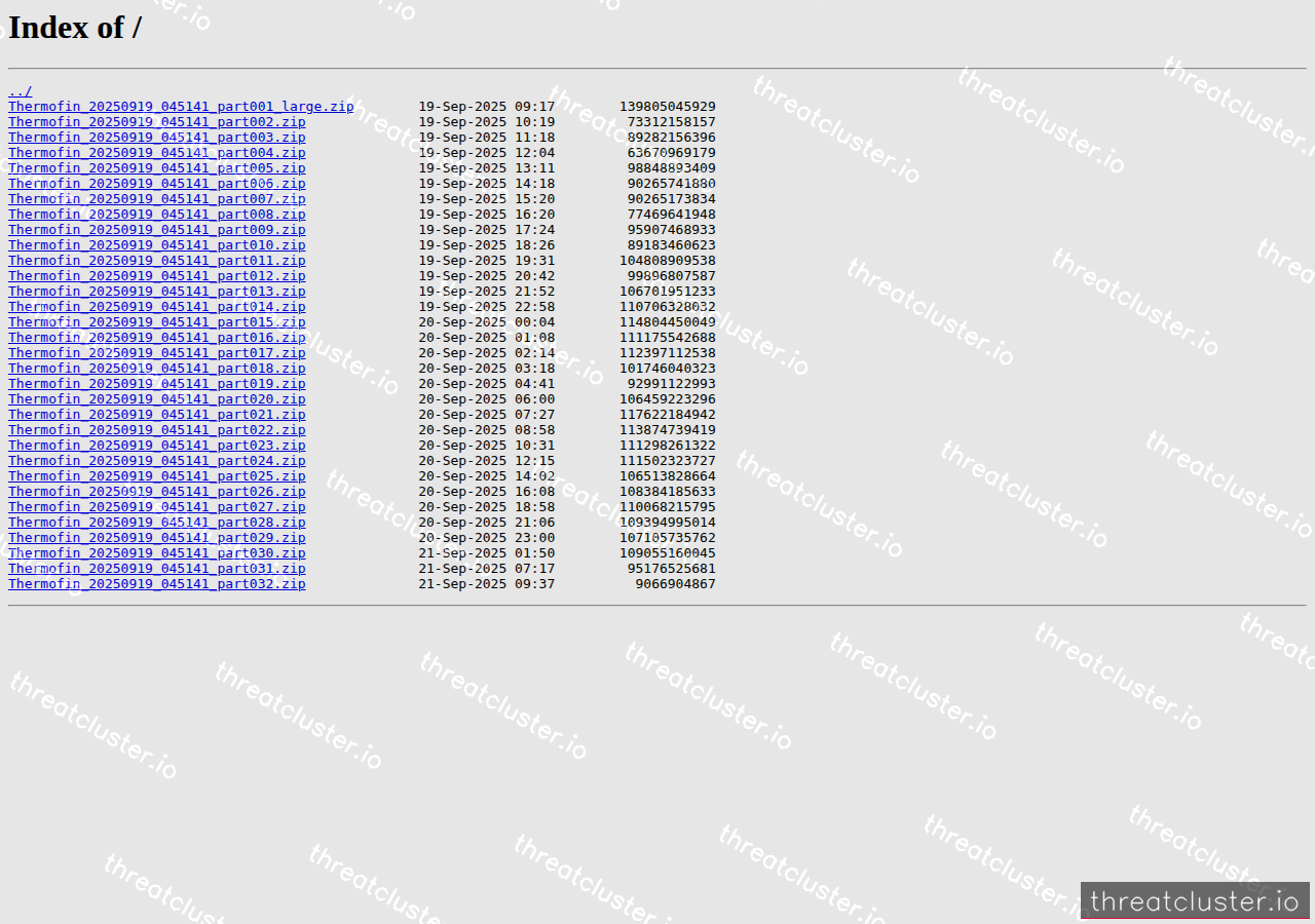 Leak-site post naming Thermofin, captured by ThreatCluster