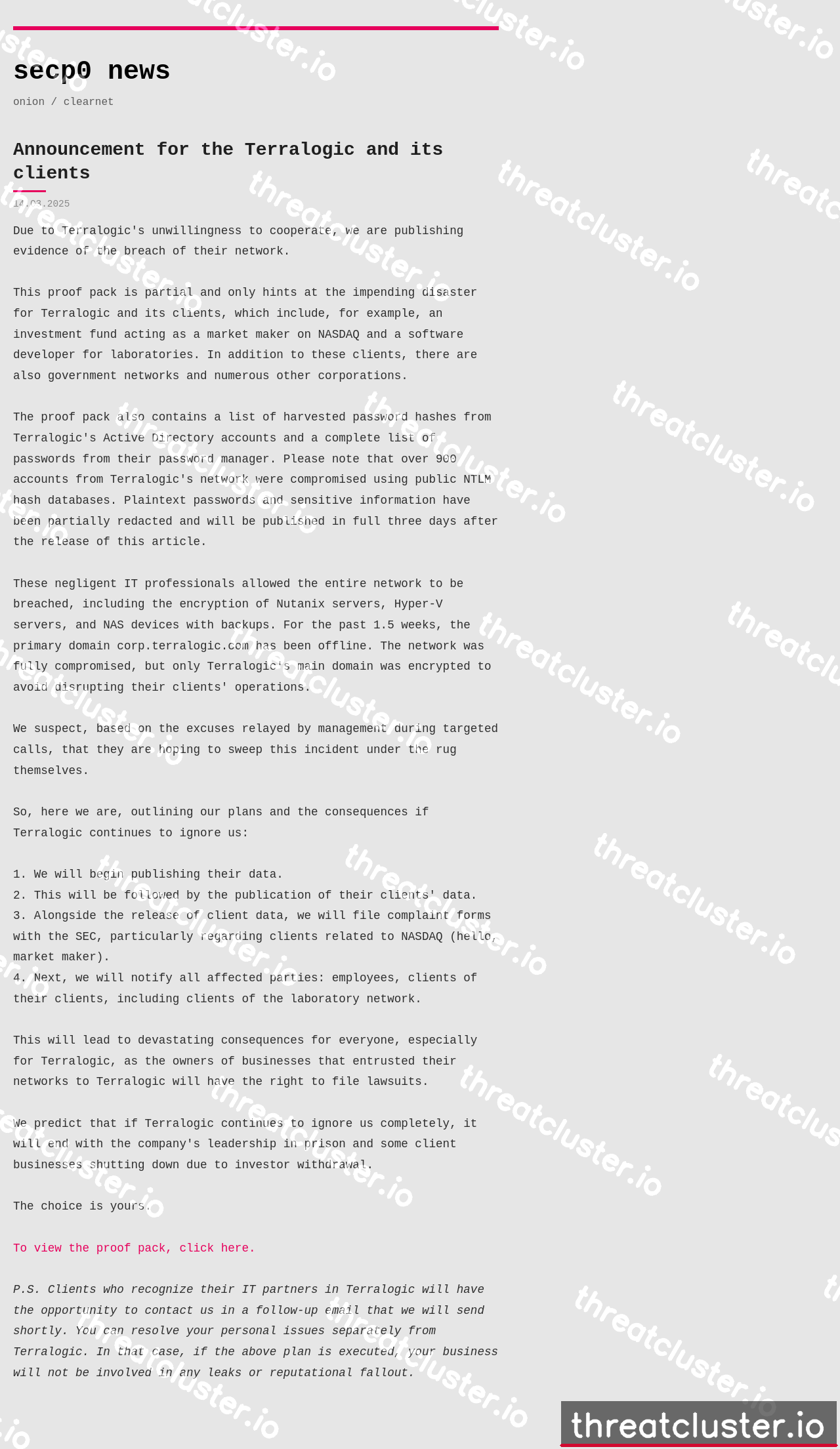 Leak-site post naming Terralogic, captured by ThreatCluster