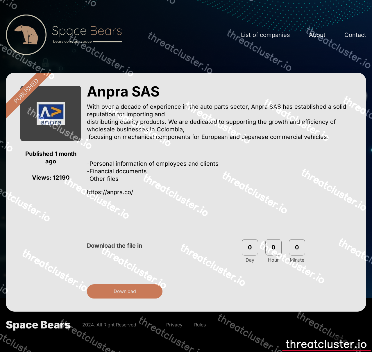 Leak-site post naming Anpra SAS, captured by ThreatCluster