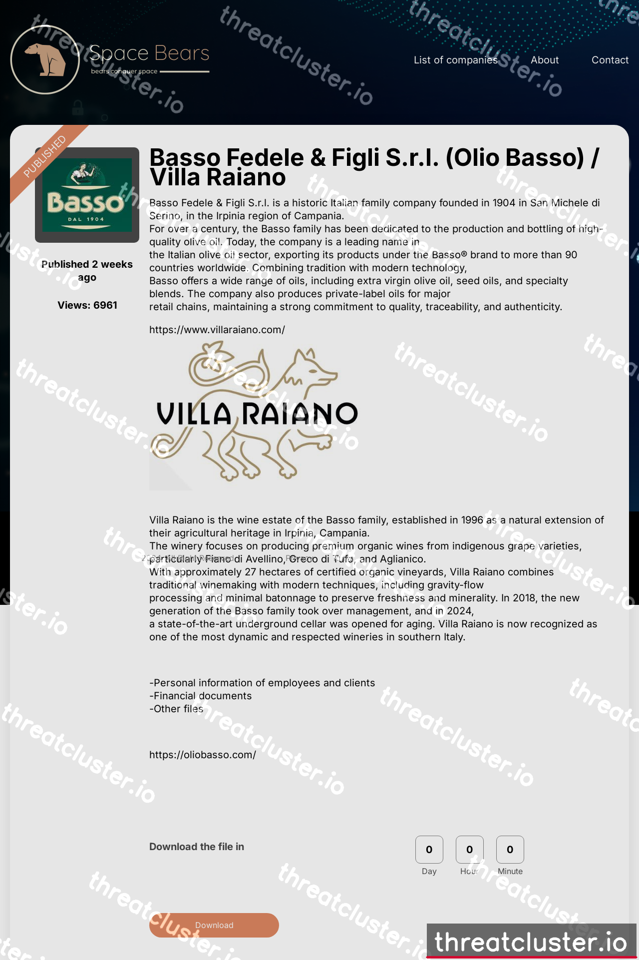 Leak-site post naming Basso Fedele & Figli S.r.l. (Olio Basso) / Villa Raiano, captured by ThreatCluster