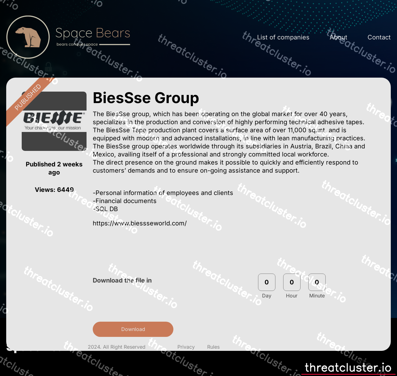 Leak-site post naming BiesSse Group, captured by ThreatCluster