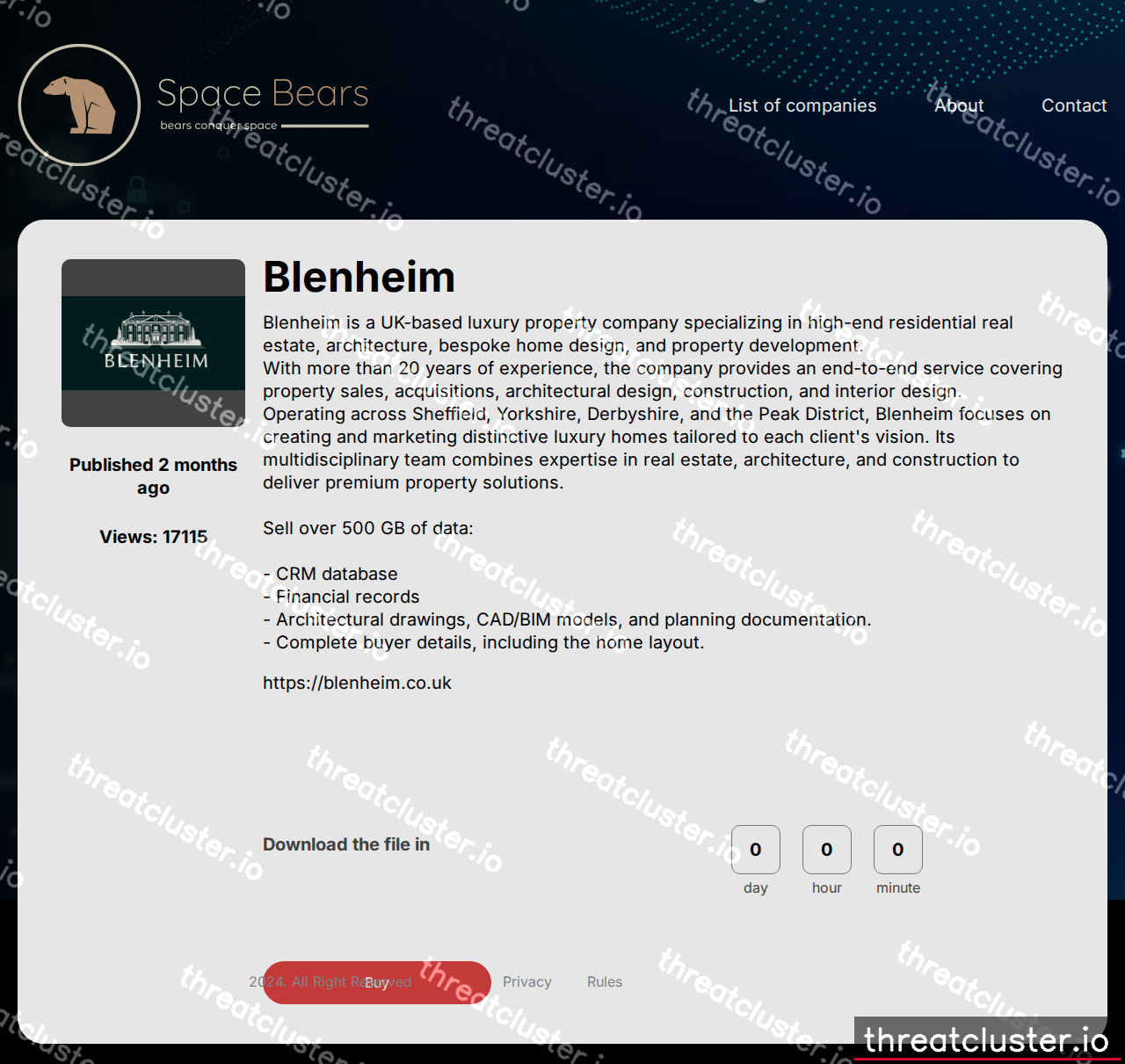 Leak-site post naming Blenheim, captured by ThreatCluster