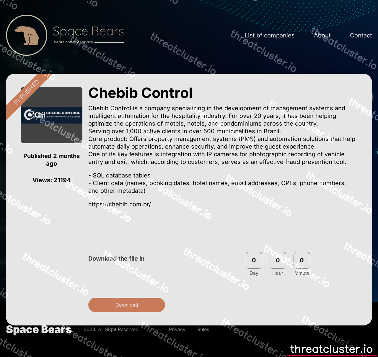 Leak-site post naming Chebib Control, captured by ThreatCluster