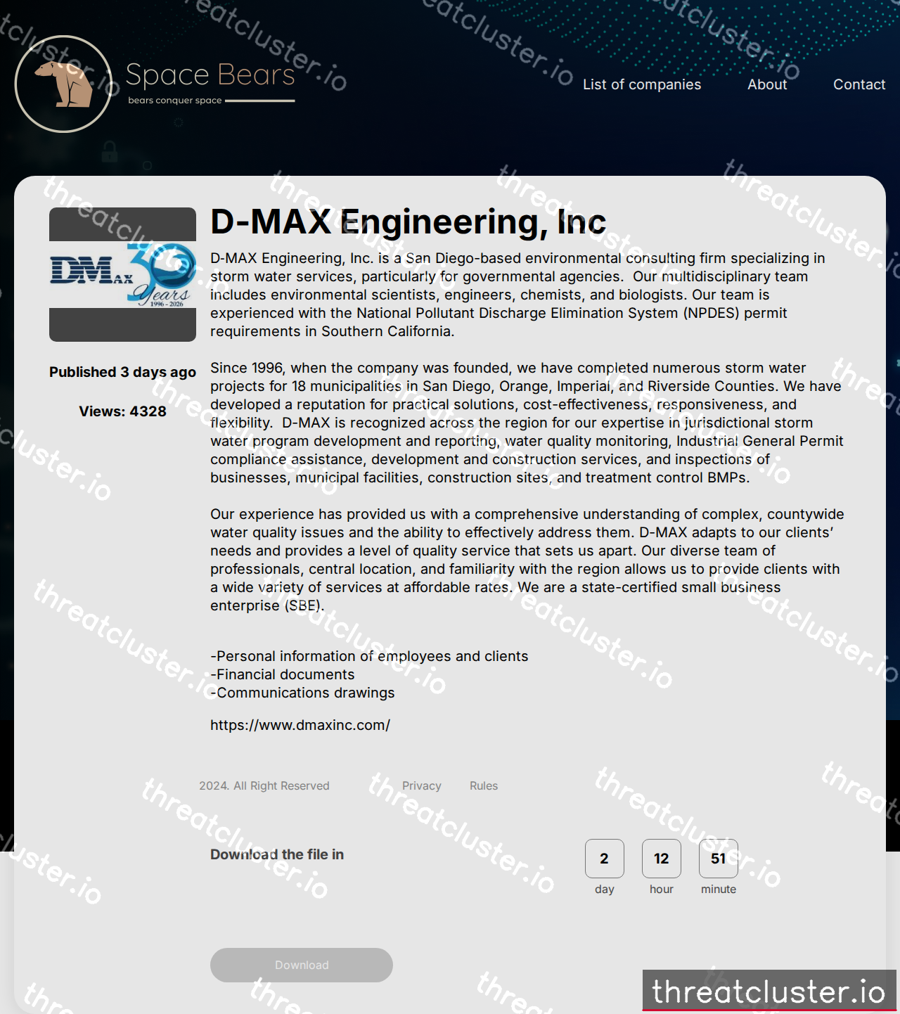 Leak-site post naming D-MAX Engineering, Inc, captured by ThreatCluster