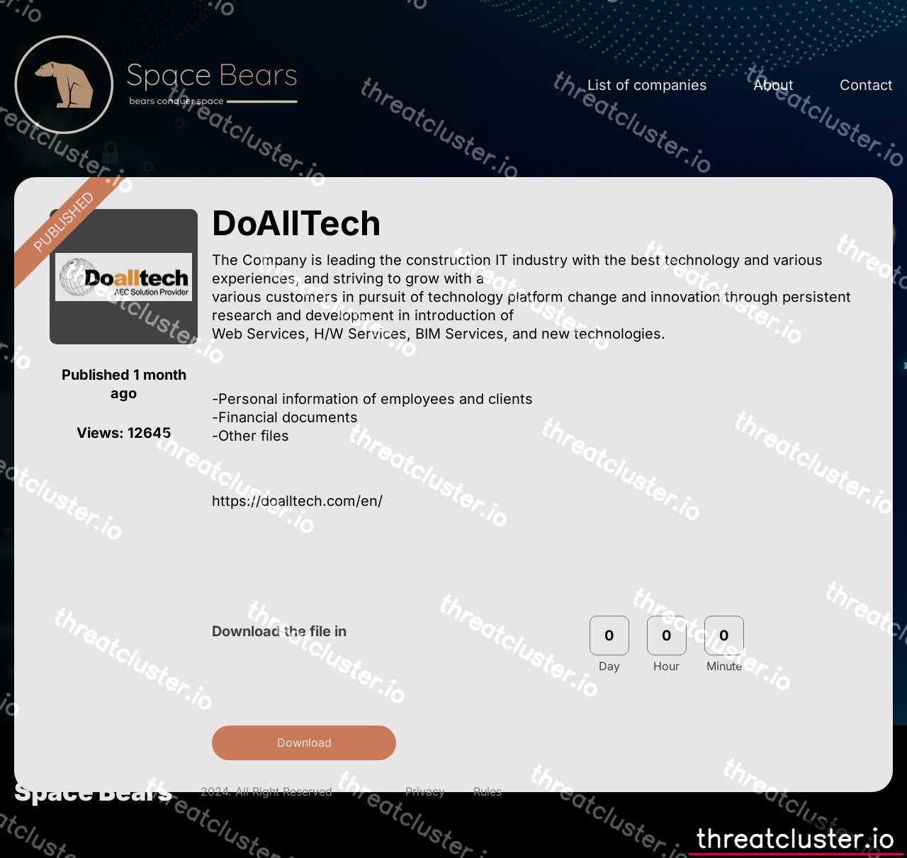Leak-site post naming DoAllTech, captured by ThreatCluster