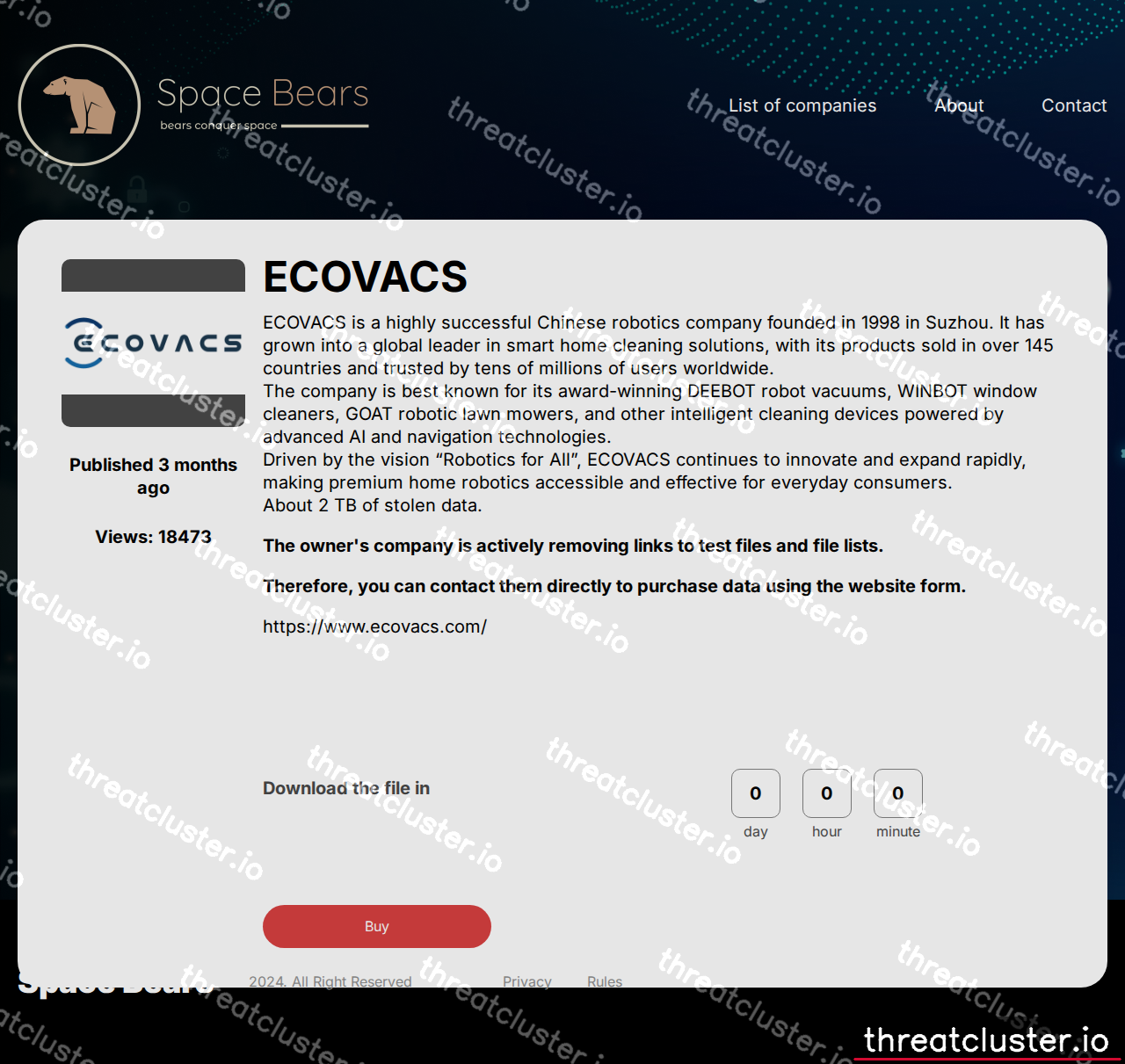 Leak-site post naming ECOVACS, captured by ThreatCluster