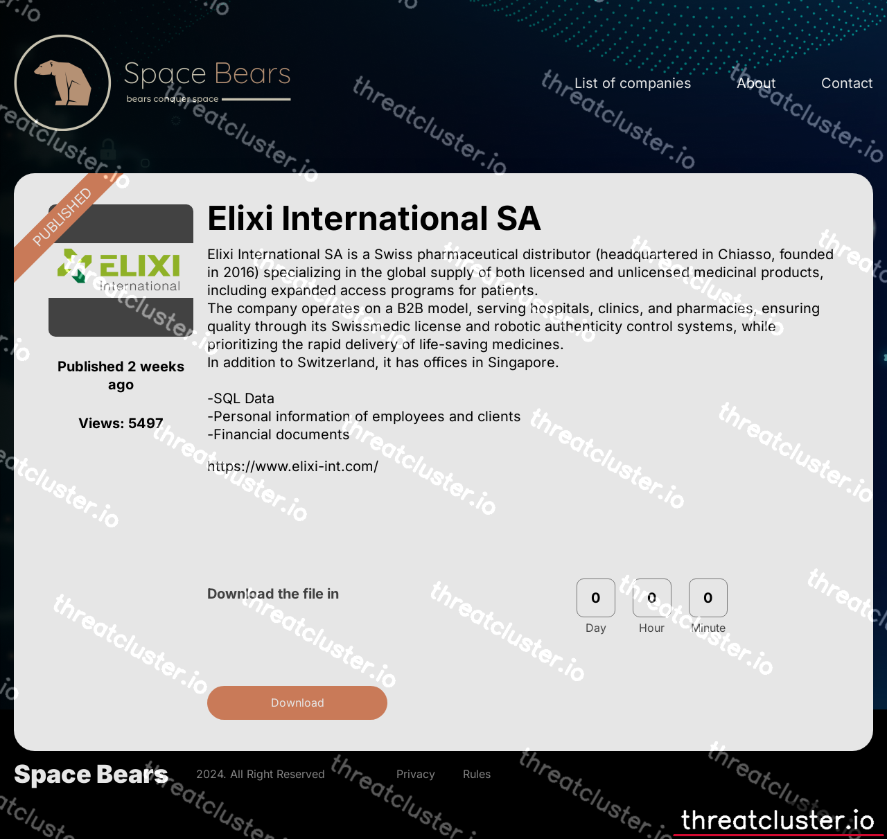 Leak-site post naming Elixi International SA, captured by ThreatCluster