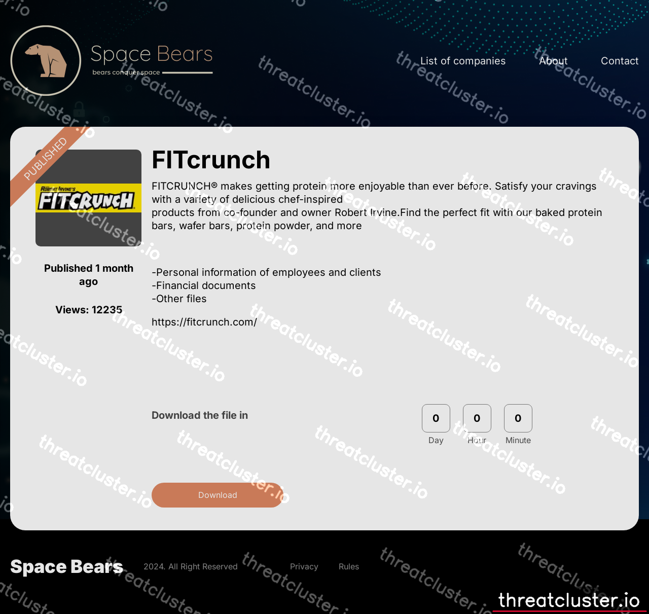 Leak-site post naming Fitcrunch, captured by ThreatCluster