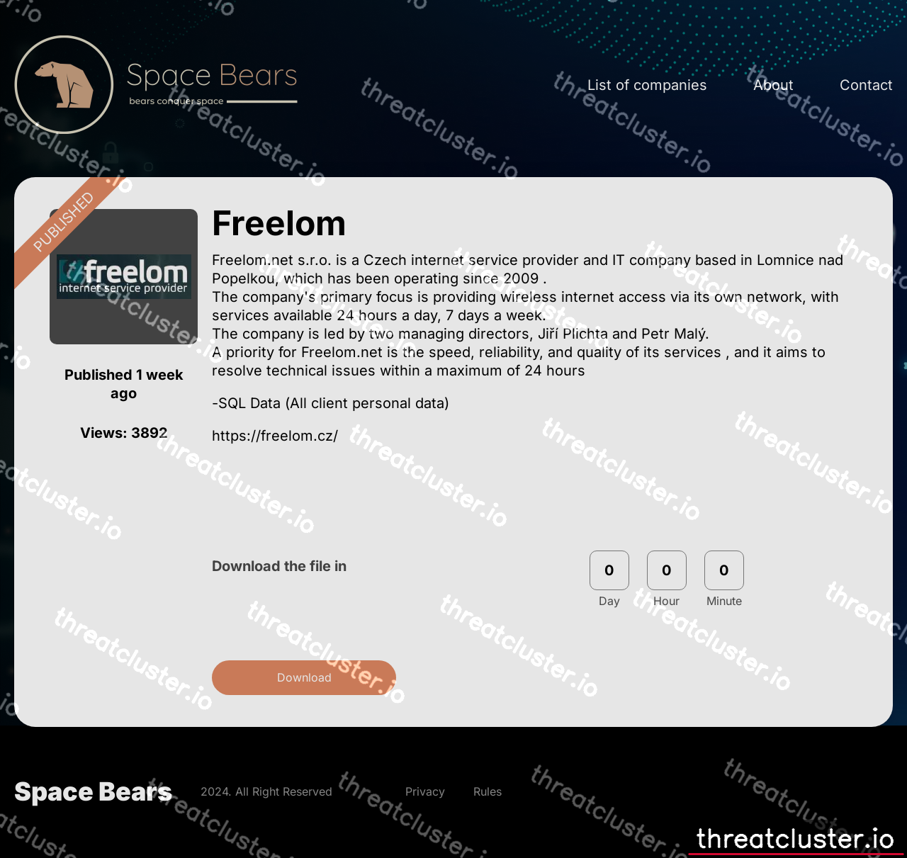 Leak-site post naming Freelom, captured by ThreatCluster