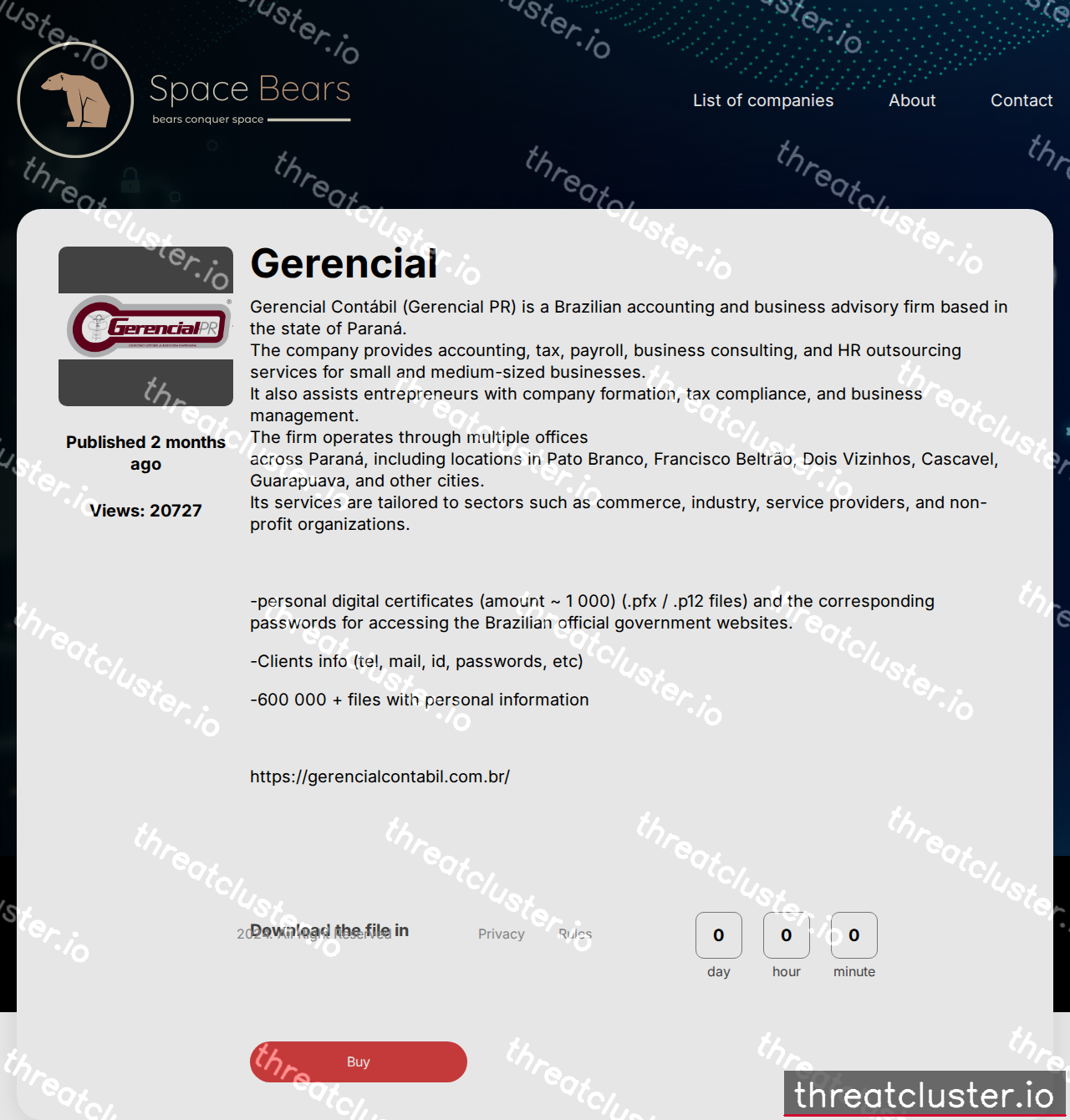Leak-site post naming Gerencial, captured by ThreatCluster