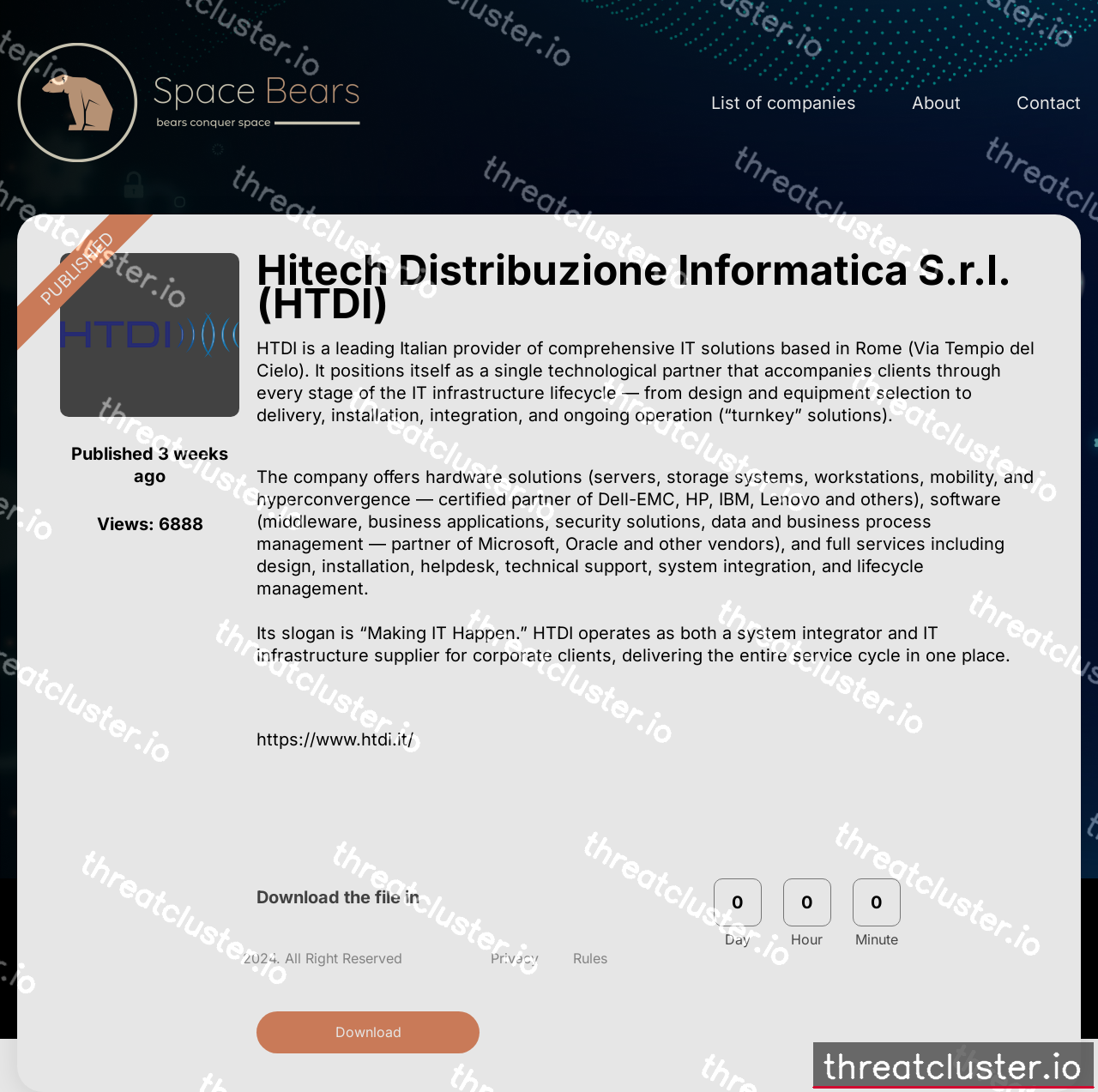 Leak-site post naming Hitech Distribuzione Informatica S.r.l. (HTDI), captured by ThreatCluster