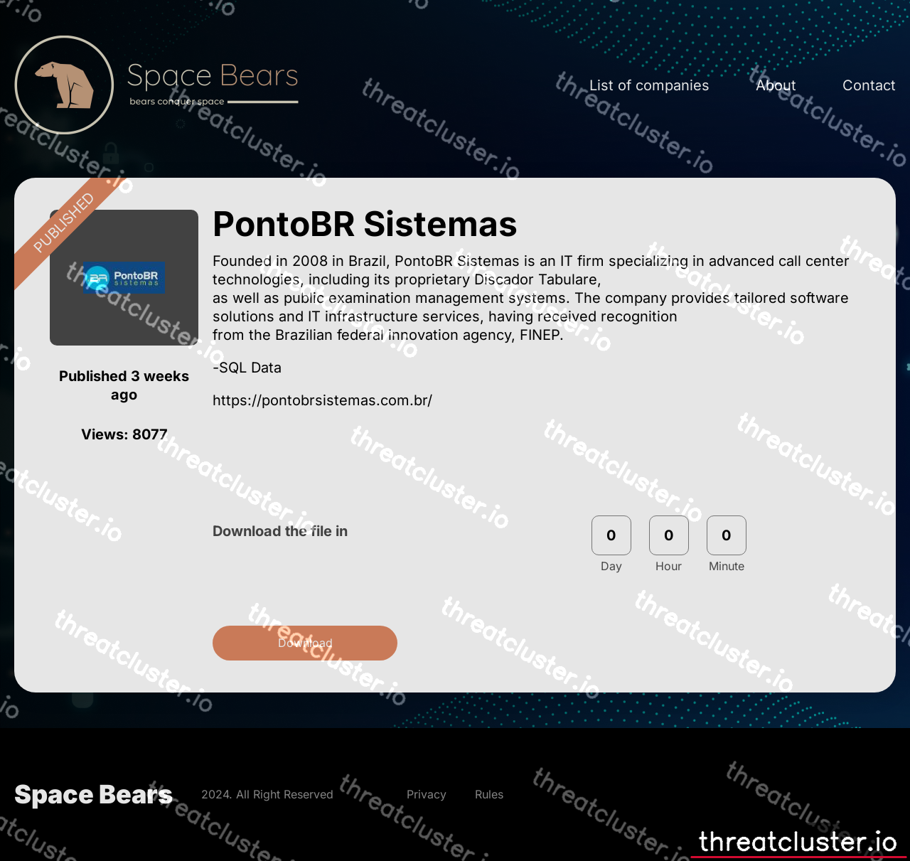 Leak-site post naming PontoBR Sistemas, captured by ThreatCluster