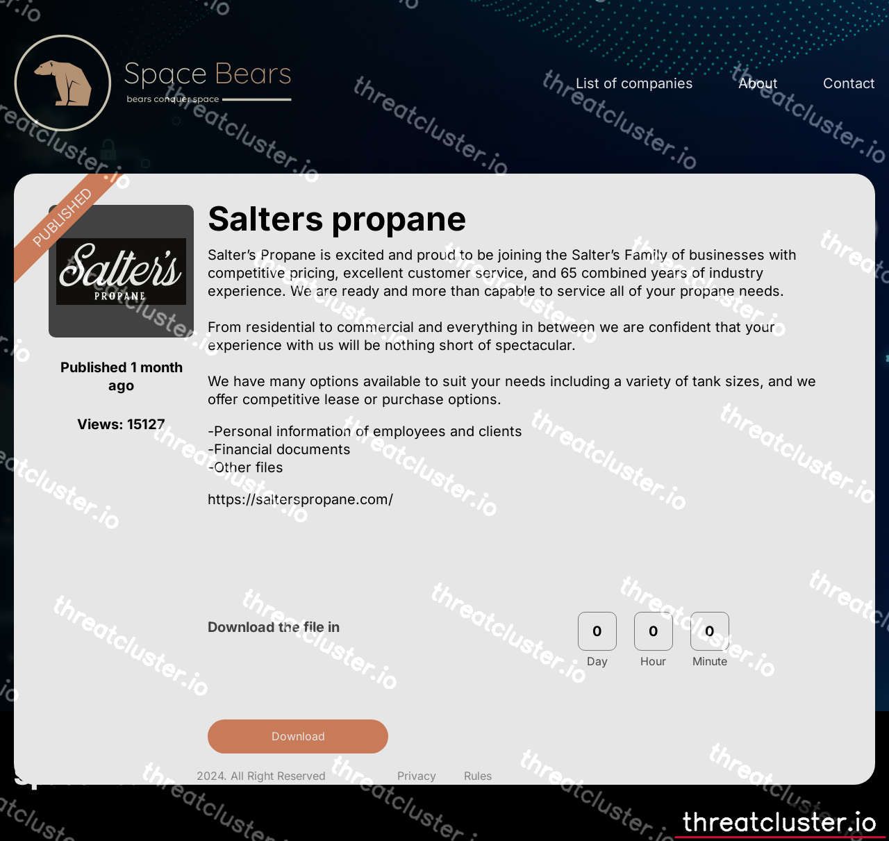 Leak-site post naming Salters propane, captured by ThreatCluster