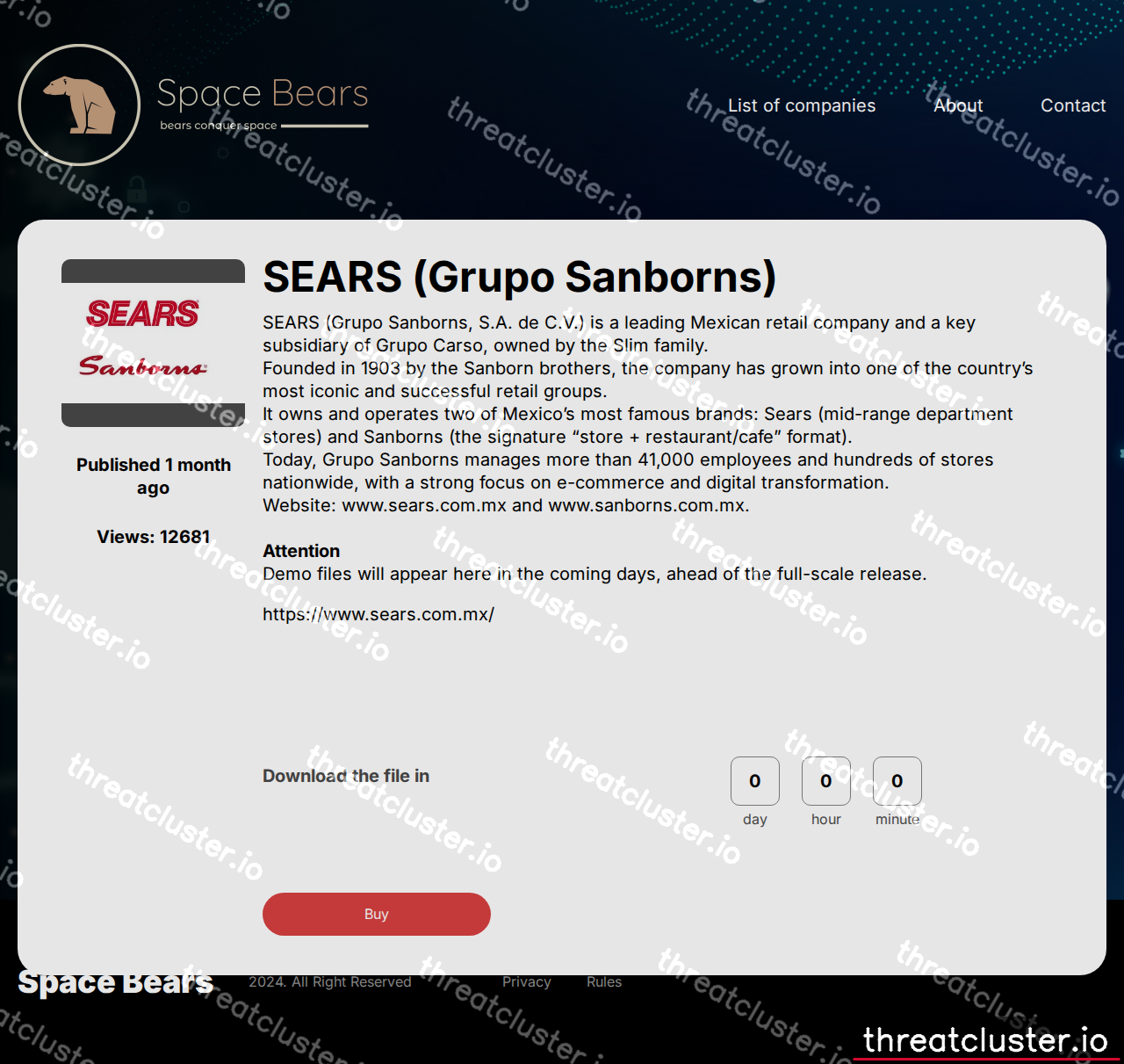 Leak-site post naming SEARS (Grupo Sanborns), captured by ThreatCluster