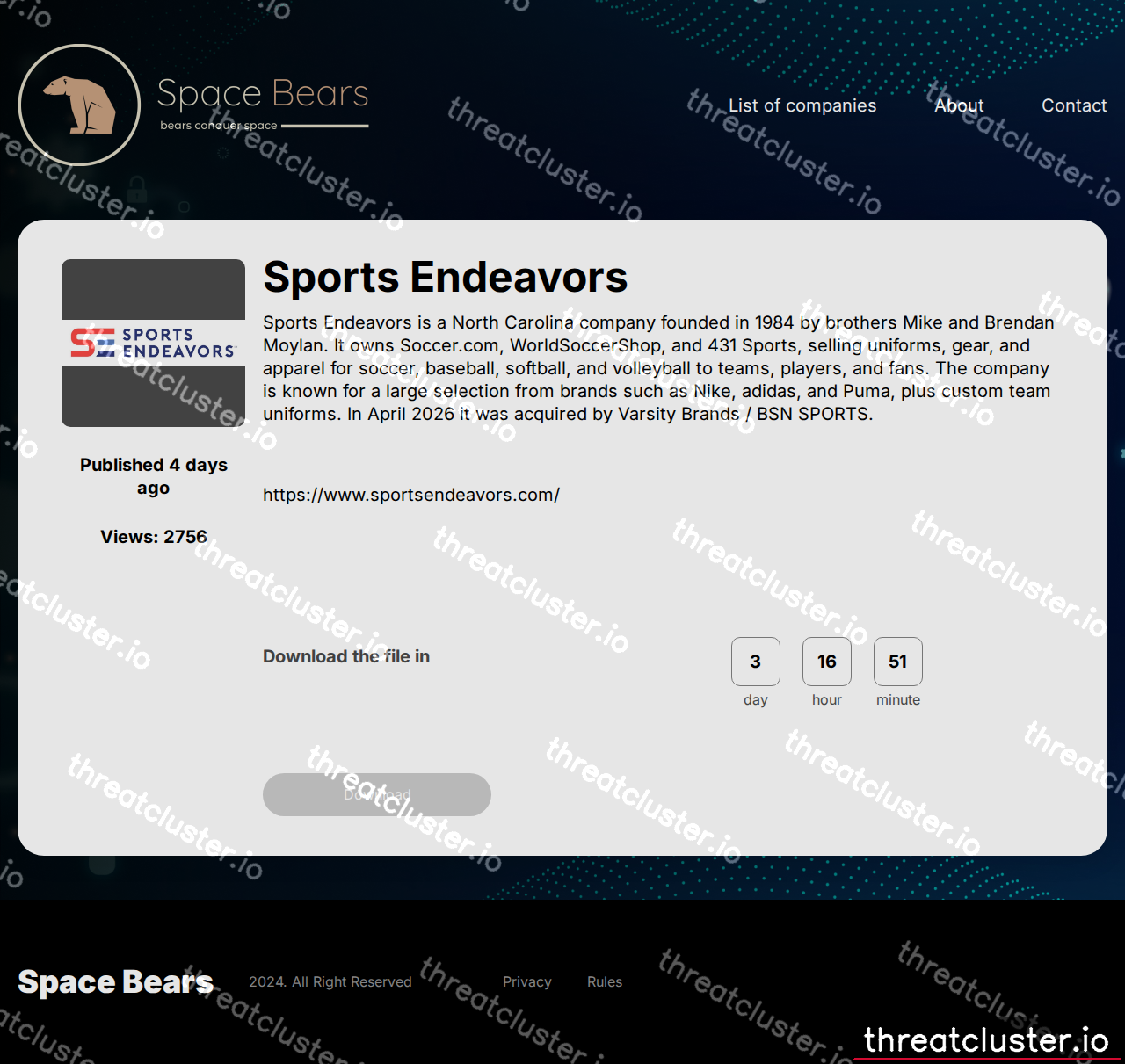 Leak-site post naming Sports Endeavors, captured by ThreatCluster