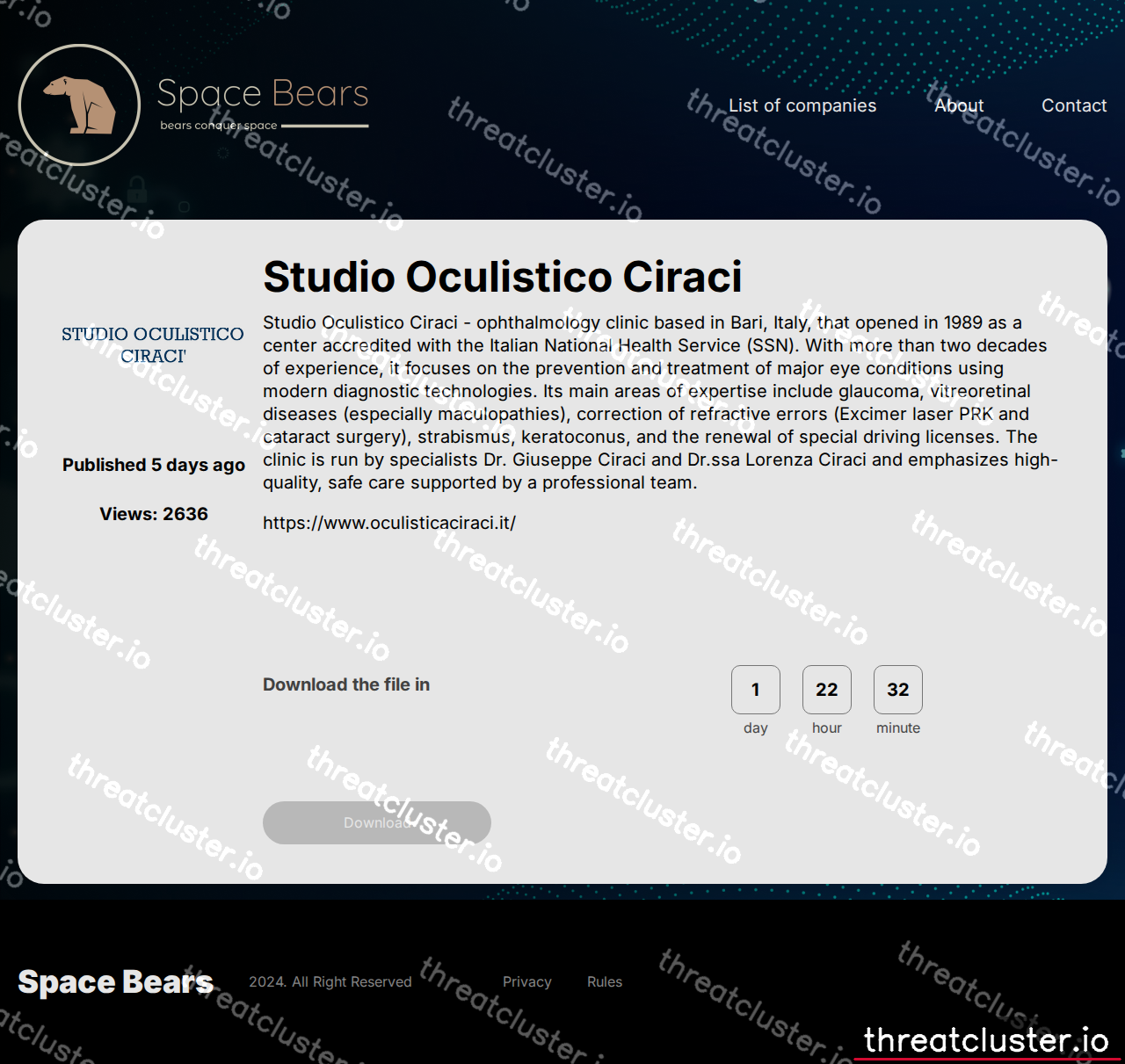 Leak-site post naming Studio Oculistico Ciraci, captured by ThreatCluster