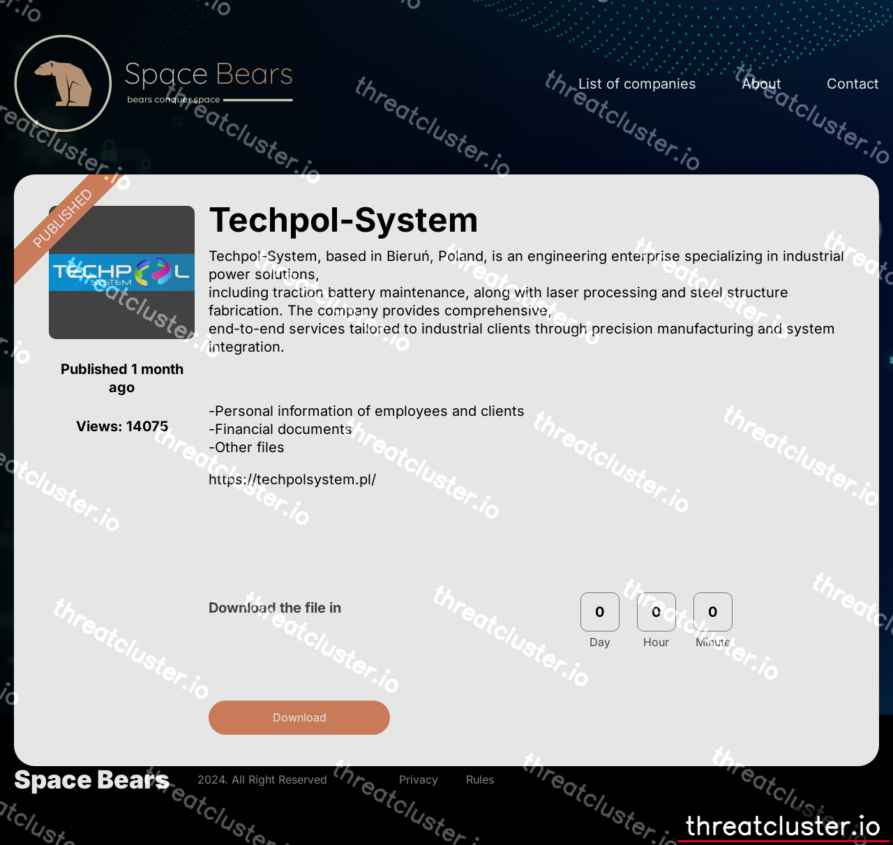 Leak-site post naming Techpol-System, captured by ThreatCluster