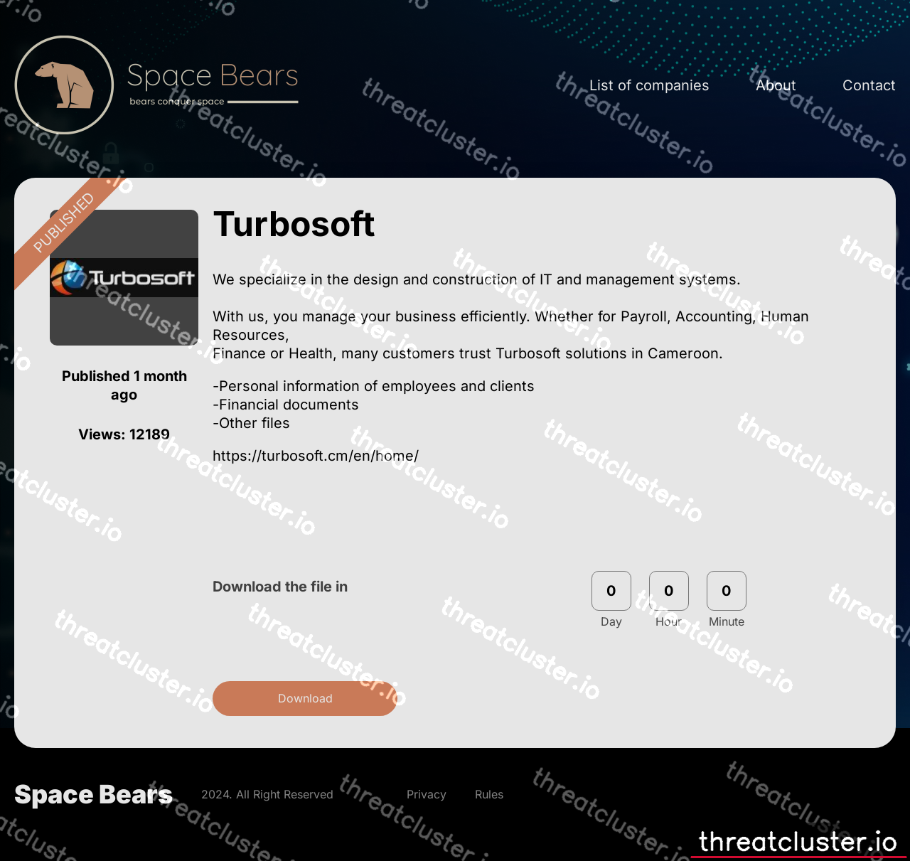 Leak-site post naming Turbosoft, captured by ThreatCluster