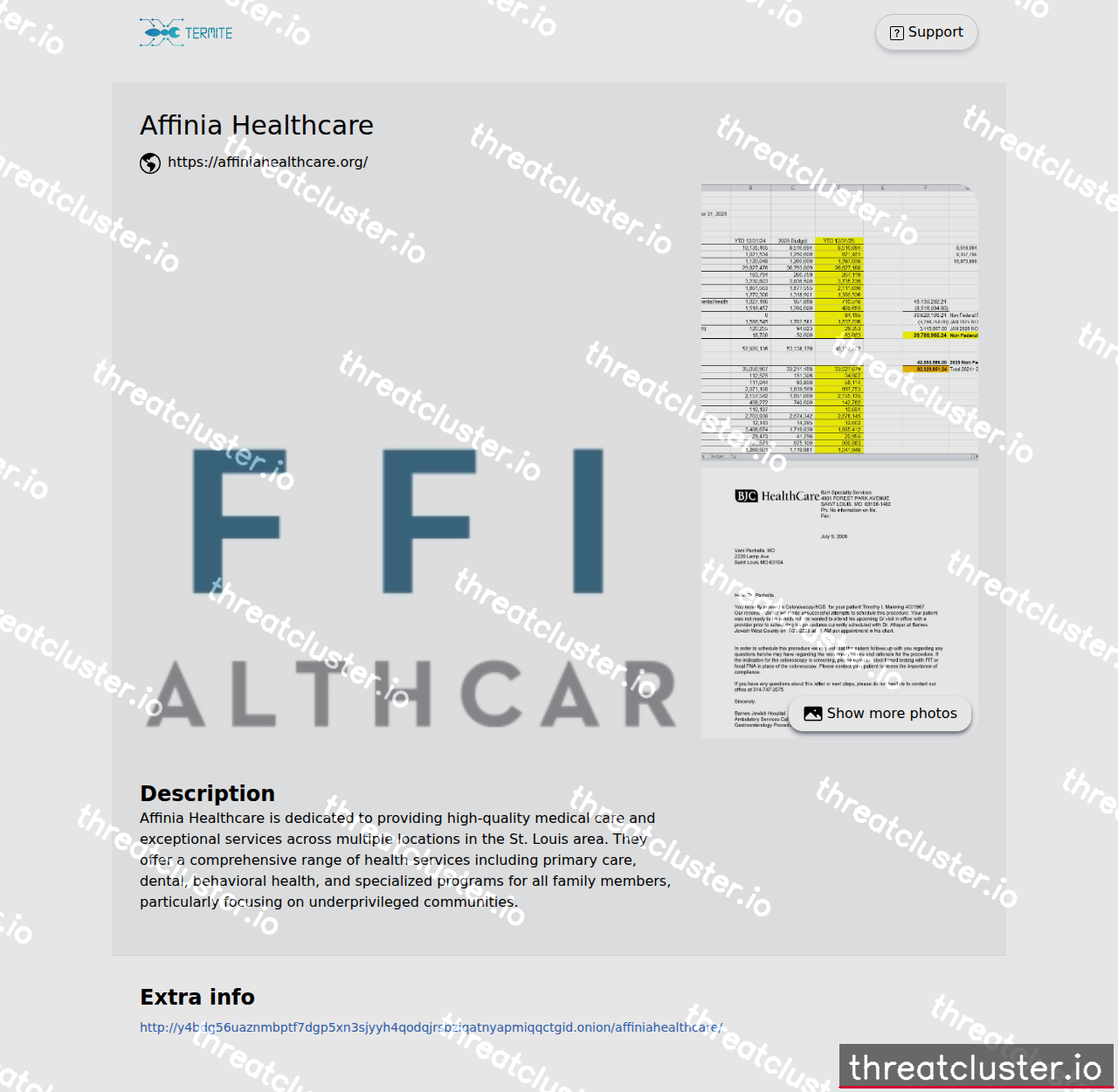 Leak-site post naming Affinia Healthcare, captured by ThreatCluster