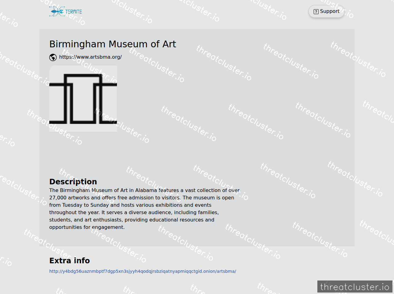 Leak-site post naming Birmingham Museum of Art, captured by ThreatCluster