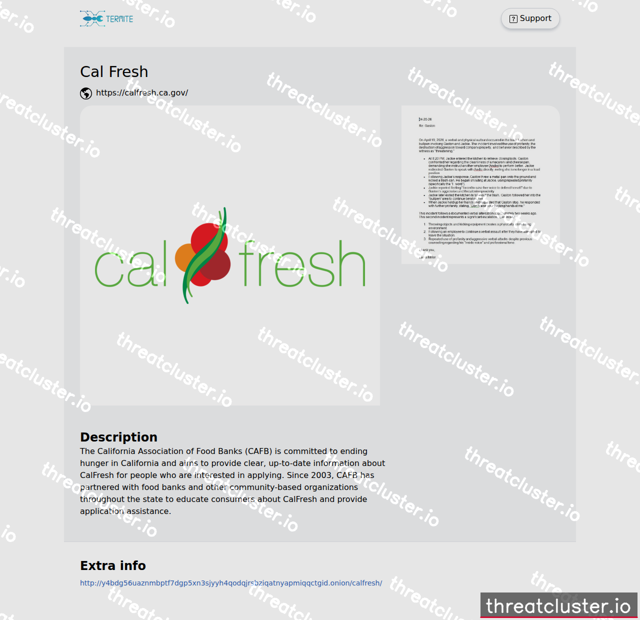 Leak-site post naming Cal Fresh, captured by ThreatCluster