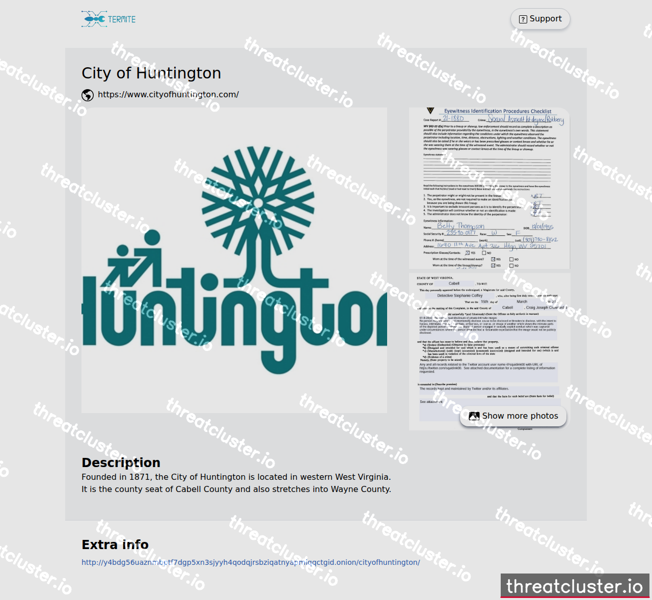 Leak-site post naming City of Huntington, captured by ThreatCluster