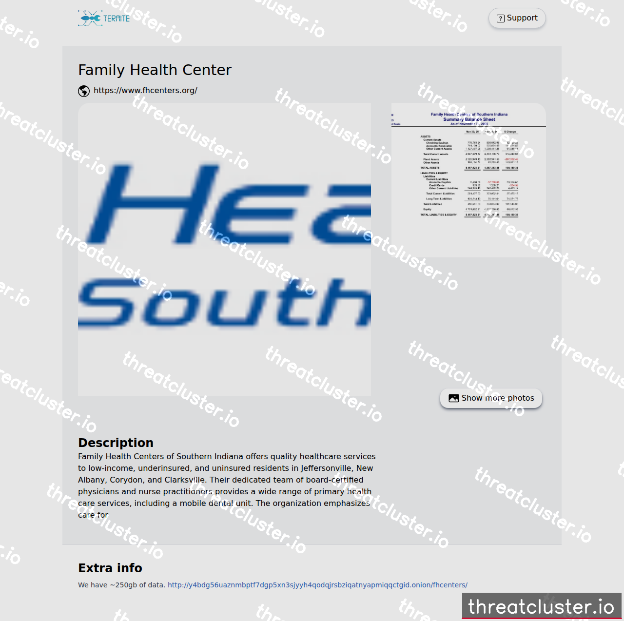 Leak-site post naming Family Health Center, captured by ThreatCluster