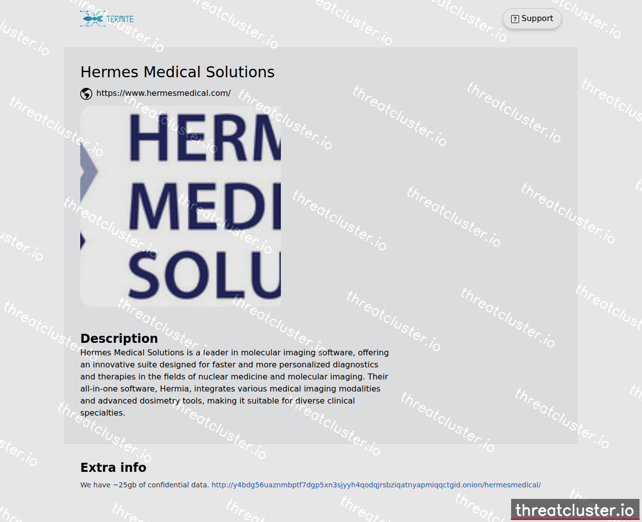 Leak-site post naming Hermes Medical Solutions, captured by ThreatCluster