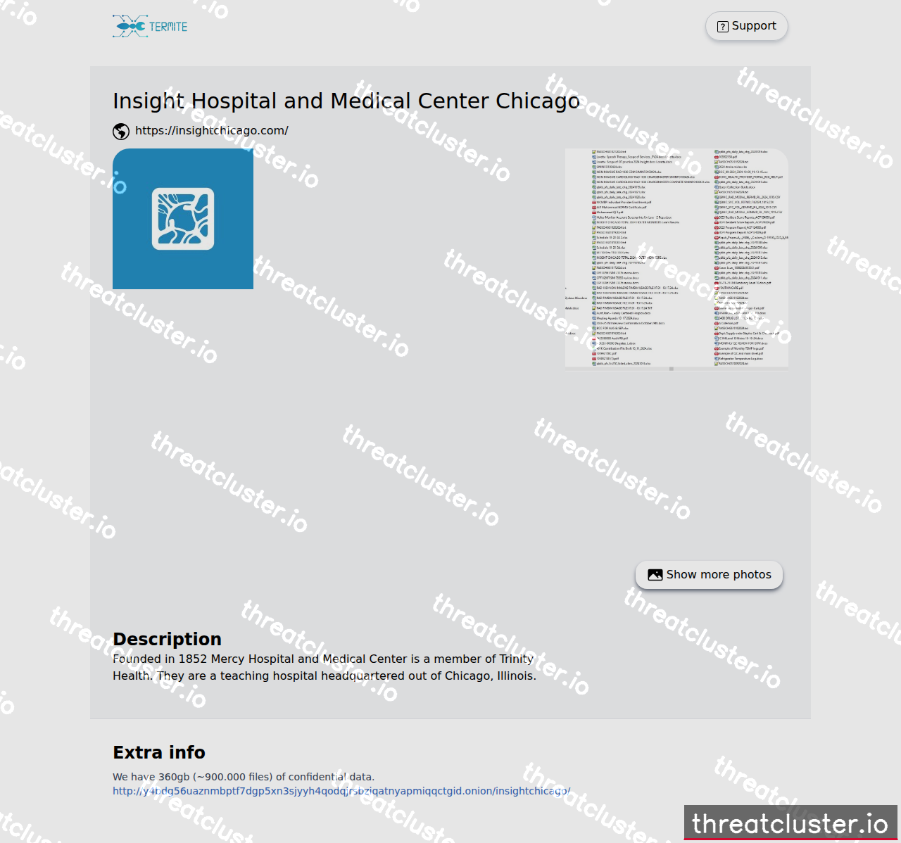 Leak-site post naming Insight Hospital and Medical Center Chicago, captured by ThreatCluster