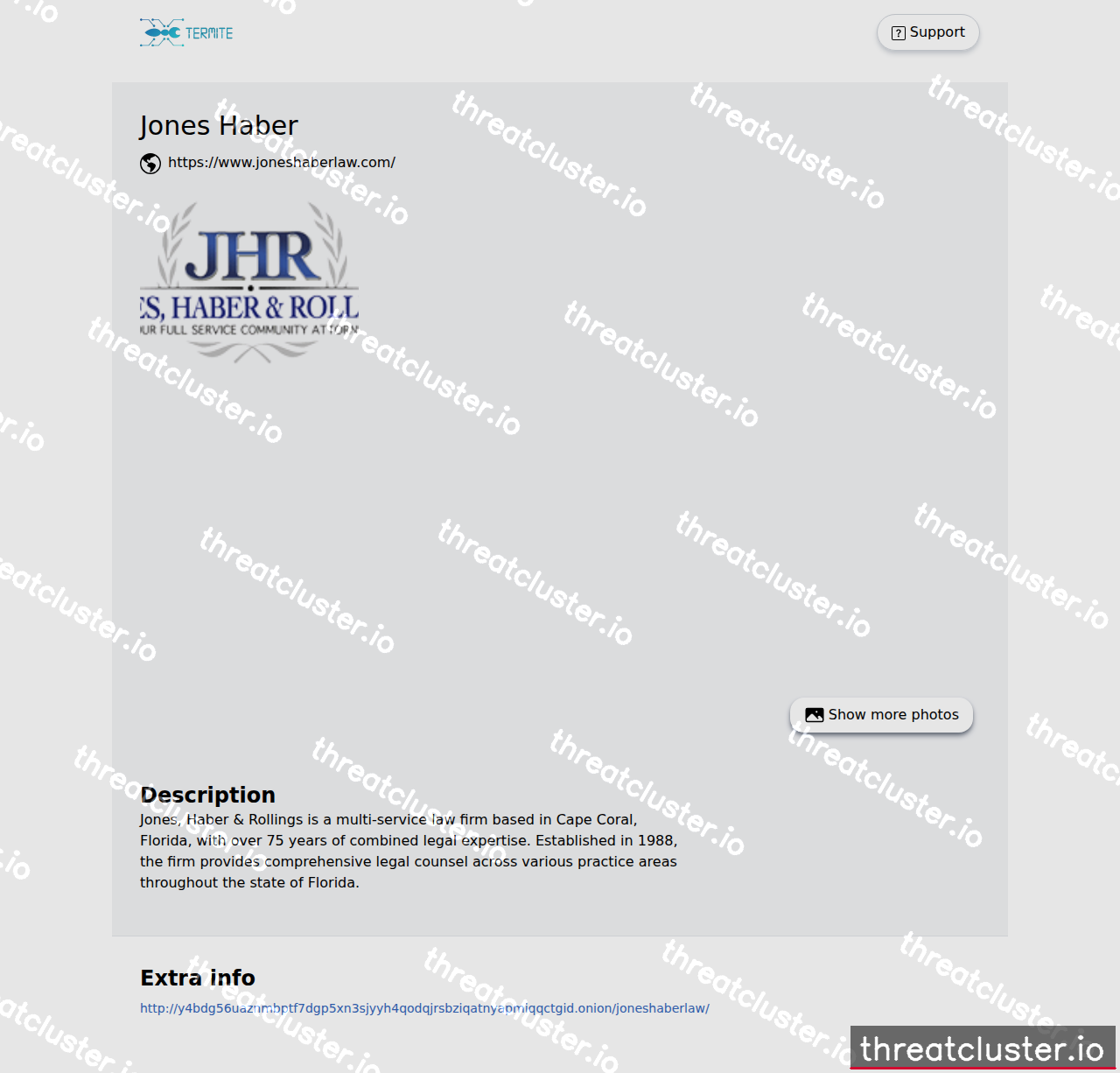 Leak-site post naming Jones Haber, captured by ThreatCluster