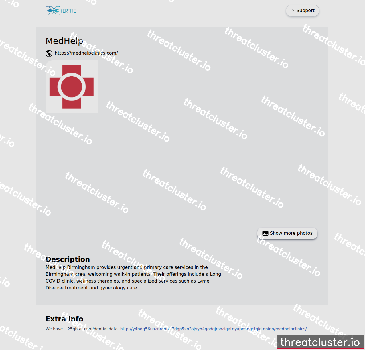 Leak-site post naming MedHelp, captured by ThreatCluster