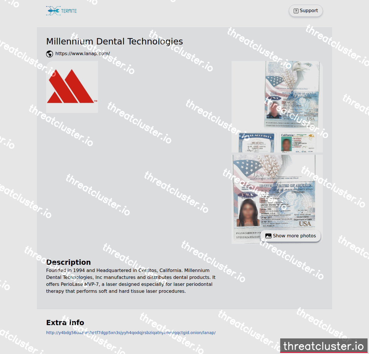 Leak-site post naming Millennium Dental Technologies, captured by ThreatCluster