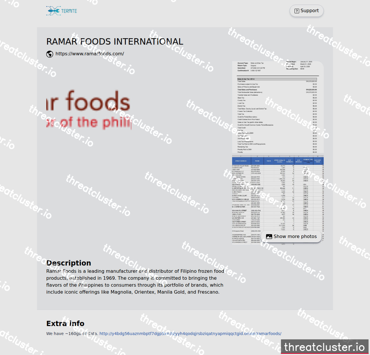 Leak-site post naming RAMAR FOODS INTERNATIONAL, captured by ThreatCluster