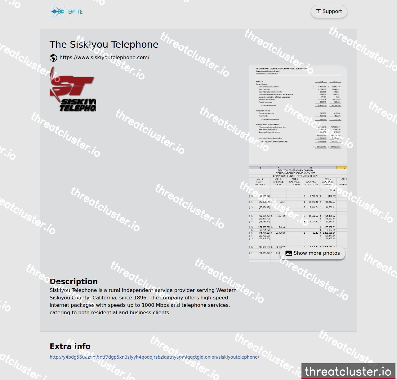 Leak-site post naming The Siskiyou Telephone, captured by ThreatCluster