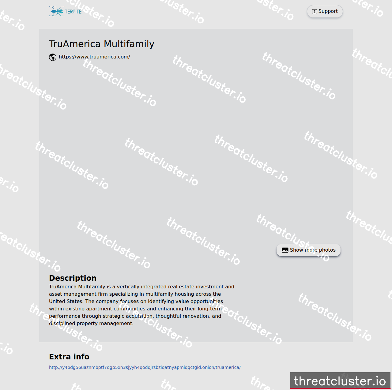 Leak-site post naming TruAmerica Multifamily, captured by ThreatCluster