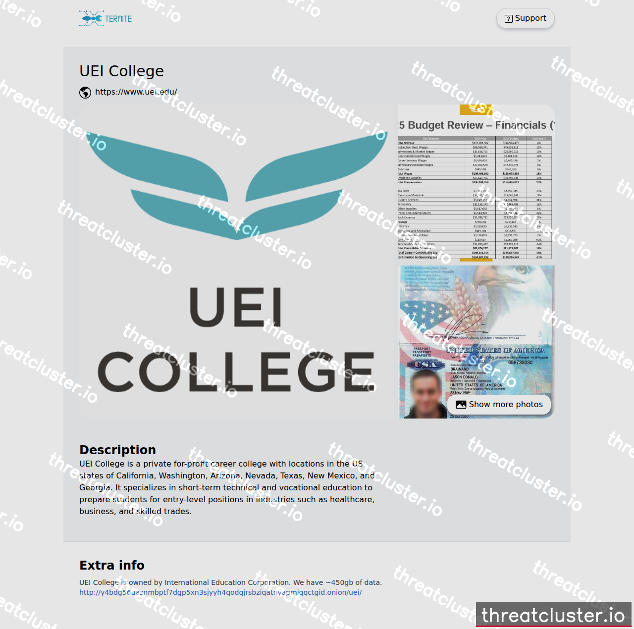 Leak-site post naming UEI College, captured by ThreatCluster