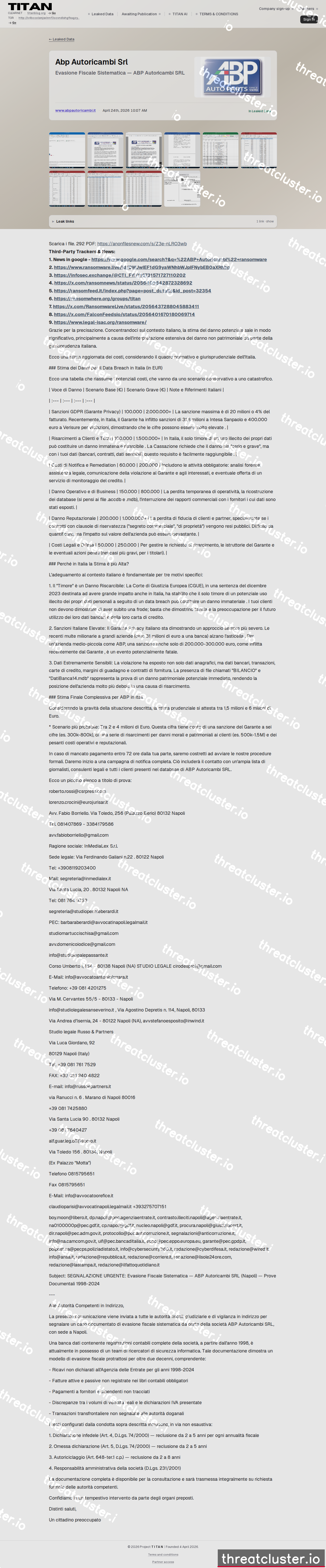 Leak-site post naming Abp Autoricambi Srl, captured by ThreatCluster