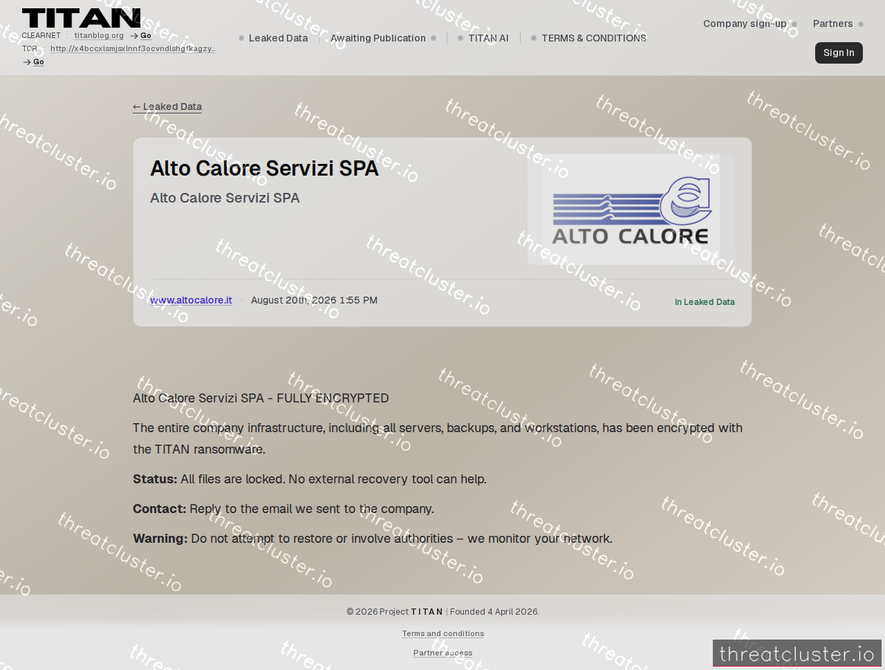 Leak-site post naming Alto Calore Servizi SPA, captured by ThreatCluster