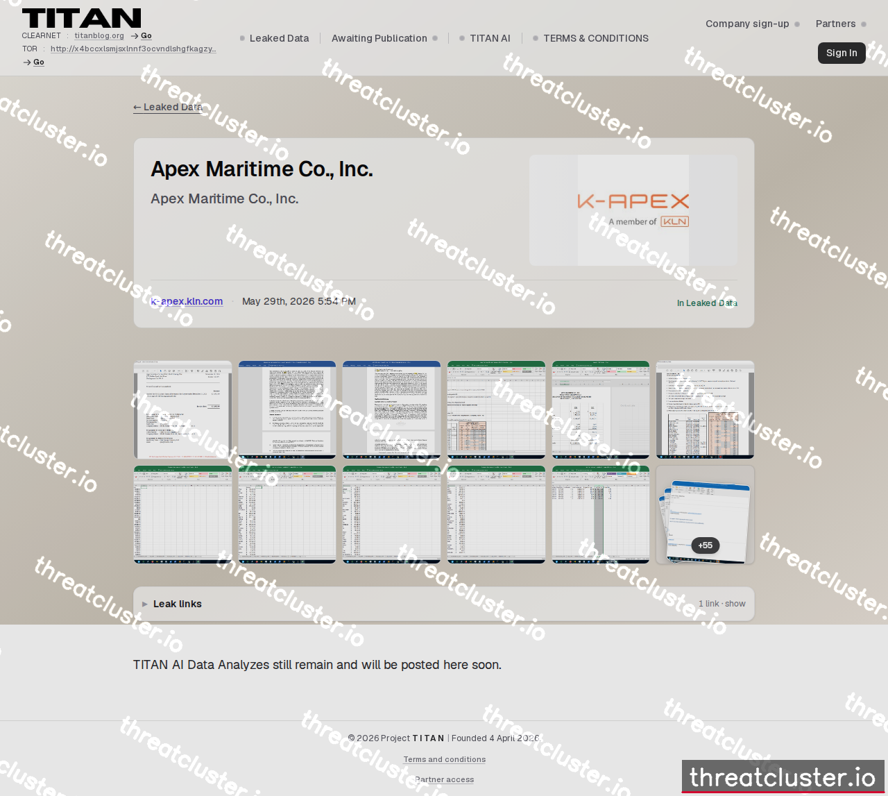 Leak-site post naming Apex Maritime Co., Inc., captured by ThreatCluster
