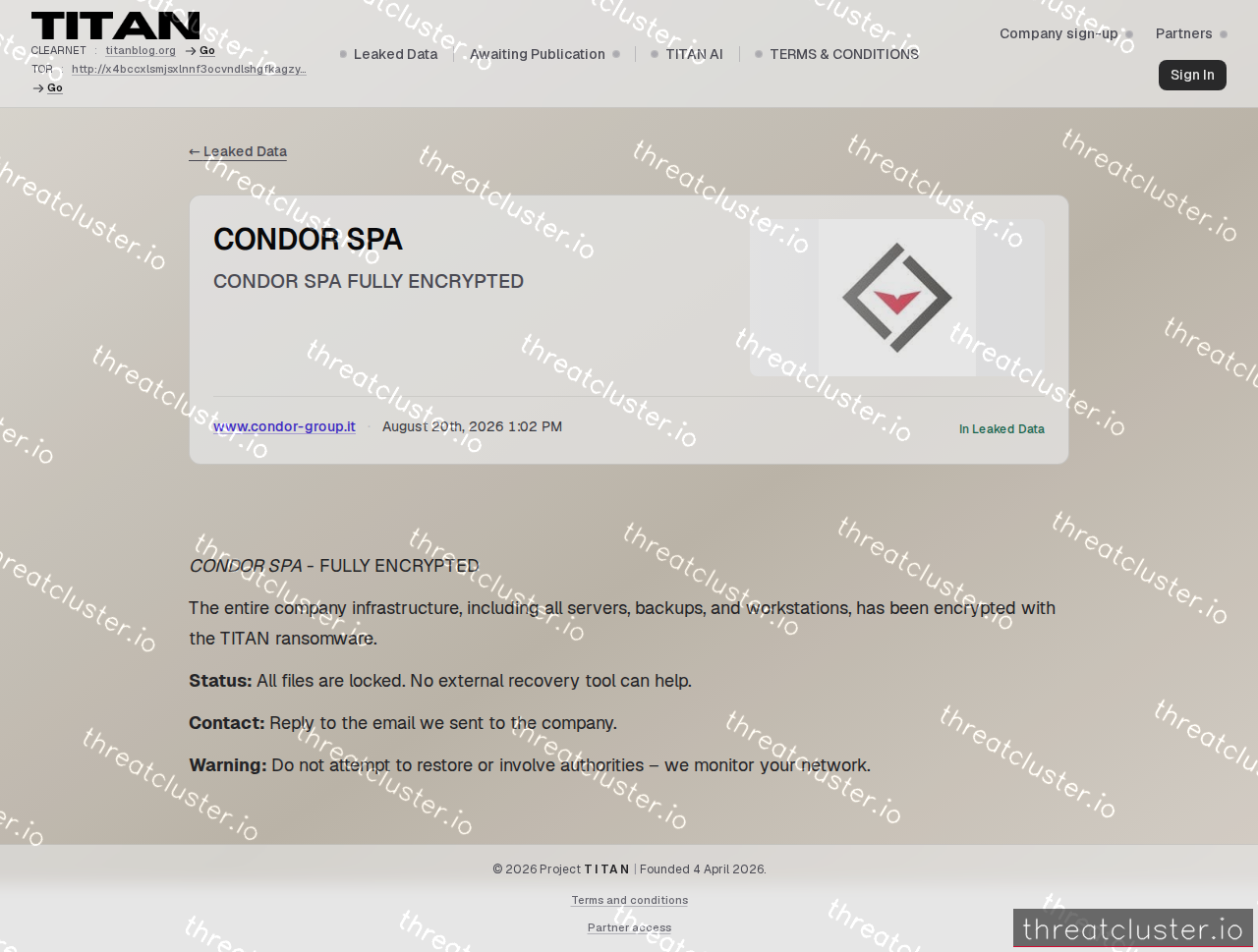 Leak-site post naming CONDOR SPA, captured by ThreatCluster